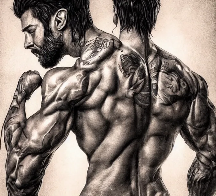 Prompt: photorealistic Portrait of frontal standing pose torso of a very attractive muscular man that looks like a romance book cover, heavily tattoed. All his skin is covered by elvish symbols and letters. Intricate, concept art, magic lighting overlays, magical portal opened, D&D!, fantasy style, sharp focus!, ultra detailed, art by Artgerm and Peter Andrew Jones, WLUP, Magali Villeneuve