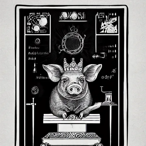 Image similar to intricate vintage scientific illustration of pig sitting on a old throne with arms crossed wearing crown by Shepard Fairey, black and white, detailed, concept art, artstation