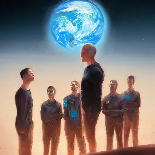 Image similar to portrait of elon musk, mark zuckerberg and jeff bezos together looking at earth, very detailled, art contest winner on behance, trendy on deviant art, by by artgem, greg rutkowski