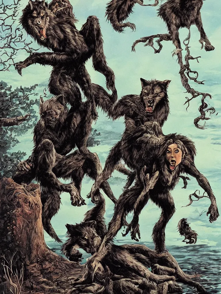 Image similar to werewolf grandmother by the lake, forbidden planet, pulp sci fi, poster