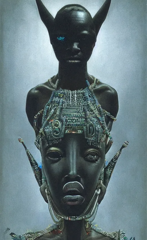 Image similar to portrait of african tribal chief wearing futuristic technology, insibidi symbols, symmetrical, dramatic lighting, art by zdzislaw beksinski,