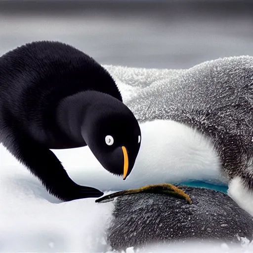 Prompt: hyperrealistic photo of pingu in real life, an arctic wildlife photographer's picture, extremely detailed, impressive shading, snowscapes in the beakground