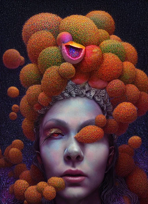 Image similar to hyper detailed 3d render like a Oil painting - Aurora (Singer) Eats of the Strangling Fruit and Her gossamer polyp blossoms bring iridescent fungal flowers whose spores black the foolish stars by Jacek Yerka, Mariusz Lewandowski, Houdini algorithmic generative render, Abstract brush strokes, Masterpiece, Edward Hopper and James Gilleard, Zdzislaw Beksinski, Mark Ryden, Wolfgang Lettl, hints of Yayoi Kasuma, octane render, 8k