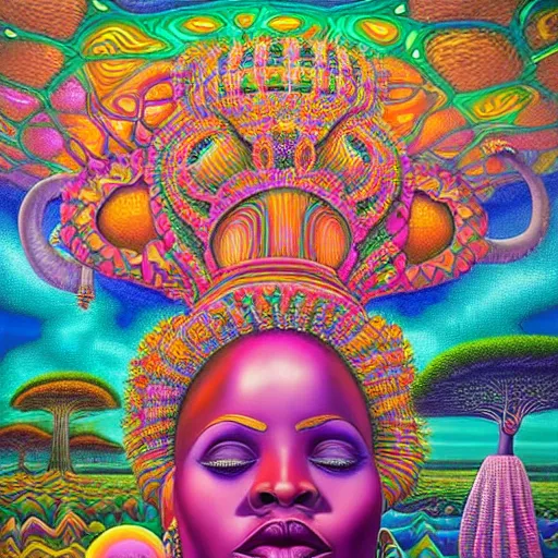 Prompt: a regal and elegant african queen with a colorful afro sitting in a cabana on top of an extremely large steampunk elephant near a pink lake with a large glowing baobab tree, by amanda sage and alex grey and evgeni gordiets and thomas kinkade in a surreal psychedelic style, oil on canvas 8k, hd