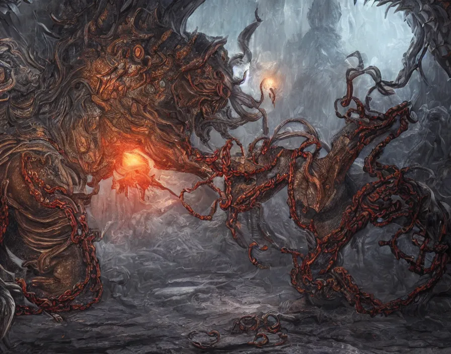 Prompt: various demons and monsters sealed by chains in old asian temple, beautiful texture, beautiful graphics, fantasy artwork, very beautiful scenery, hd, hdr, ue 5, ue 6, unreal engine 5, cinematic 4 k wallpaper, 8 k, ultra detailed, by popular digital, details, beautiful image ever created, high resolution, artstation, award winning