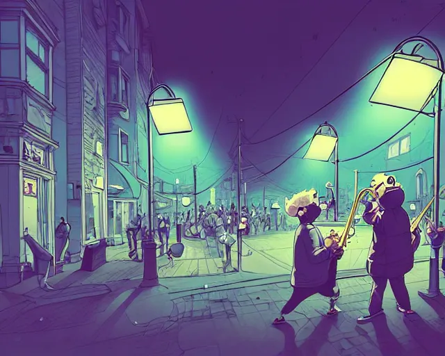 Image similar to a study of cell shaded cartoon of the concert of a music band playing music, street lamps, road, illustration, wide shot, subtle colors, post grunge, concept art by josan gonzales and wlop, by james jean, Victo ngai, David Rubín, Mike Mignola, Laurie Greasley, highly detailed, sharp focus, Trending on Artstation, HQ, deviantart, art by artgem