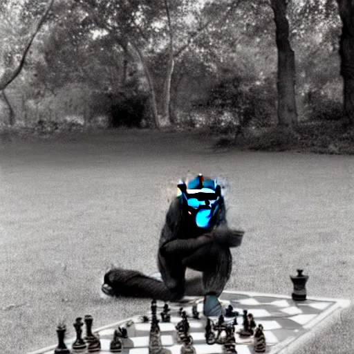 Image similar to black and white portrait photo of a chimpanzee playing chess in a park by annie liebovitz,