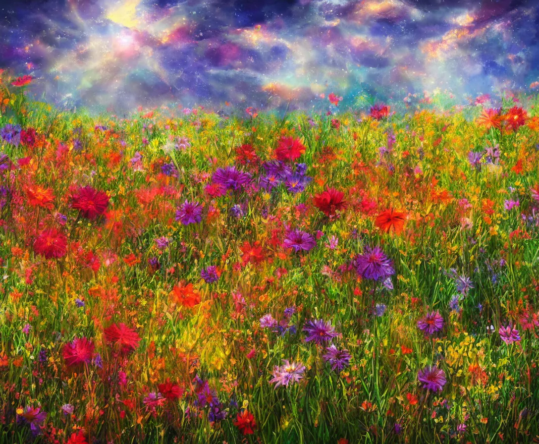 Prompt: a heavenly field of colorful flowers, highly detailed, digital painting, high fantasy, sunstreaks, high contrast, bokeh, soft tones