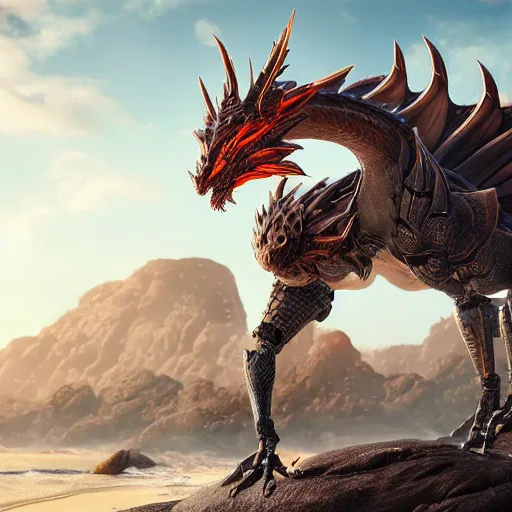 Image similar to a highly detailed beautiful anthropomorphic robot female dragon with smooth and streamlined armor, standing and posing elegantly, with sharp claws on her hands and feet, long tail with a blade on the end, on the beach, artstation, DeviantArt, professional, octane render