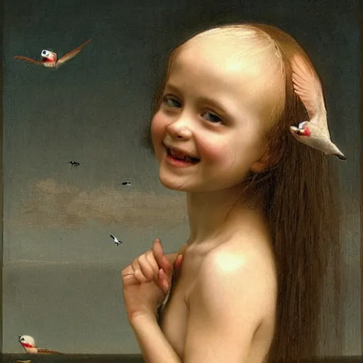 Image similar to !dream a beautiful oil painting of a little cute girl smiling and birds flying around her head by Dino Valls and George Stubbs and Greg Rutkowski