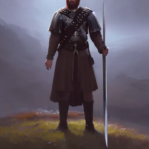 Image similar to portrait of robert the bruce, king of scotland standing with his sword 4 k, concept art, by wlop, ilya kuvshinov, artgerm, krenz cushart, greg rutkowski, pixiv. cinematic dramatic atmosphere, sharp focus, volumetric lighting, cinematic lighting, studio quality