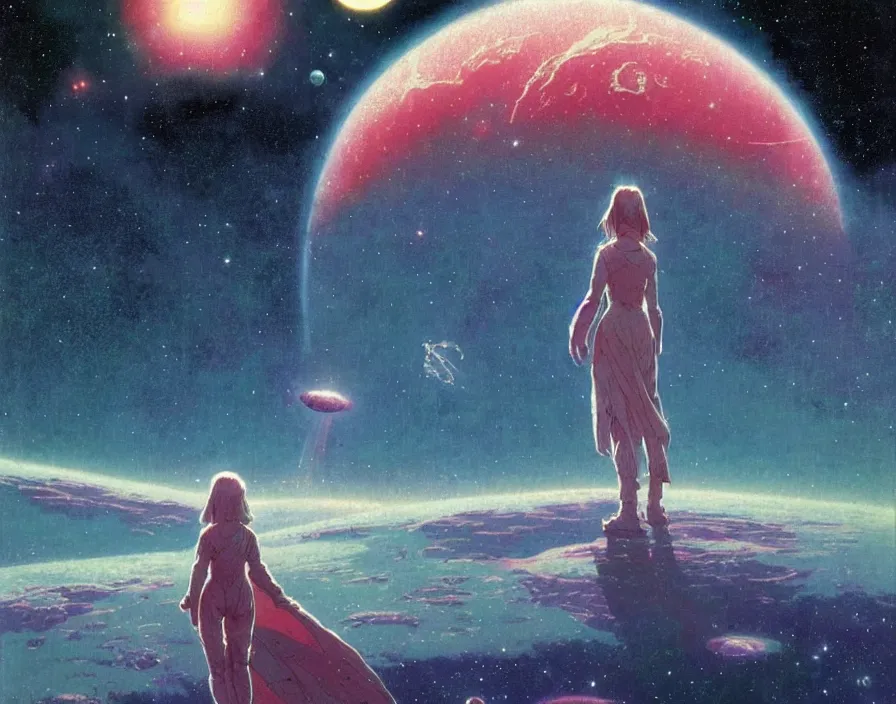 Image similar to illustrated by moebius and greg rutkowski, romantic!!! space scene!! with standing young girl!!!!, orbit of earth!, futuristic orbital station!!!!, nebulae!!, starry sky!!, rule of third!!!!, vintage cover of sci - fi magazine, cinematic!!