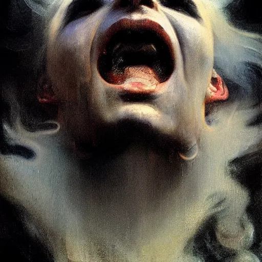 Prompt: hyperrealist portrait of a screaming head made of smoke by jeremy mann and alphonse mucha and alan lee, fantasy art, photo realistic, dynamic lighting, artstation, poster, volumetric lighting, very detailed faces, award winning