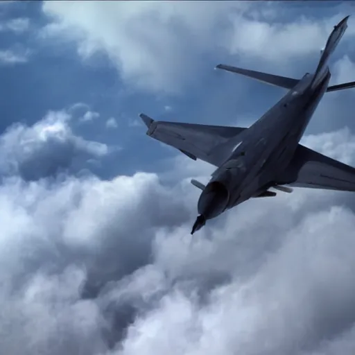 Image similar to stylish shot cinematic of a fighter jet flying through clouds