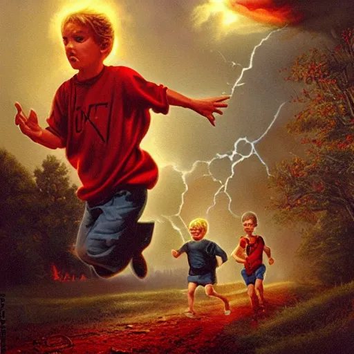 Prompt: a running child surrounded covered, lightning, vapor, mist, smoke, blood drops, fire, a highly detailed matte painting by John Philip Falter and Jason Edmiston