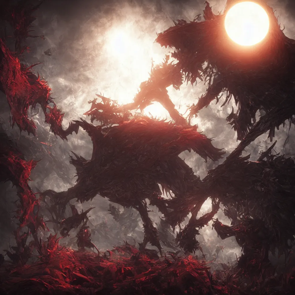 Image similar to berserk eclipse, blood, nightmare, rossdraws, norman rockwell, emiliano ponzi, epic composition, hd, octane, unreal engine, volumetric lighting, light rays, masterpiece, award - winning