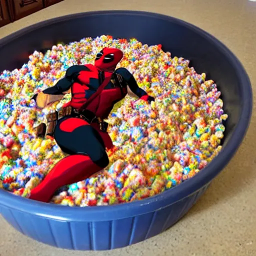 Prompt: Deadpool at home swimming in a bathtub full of fruity pebbles cereal