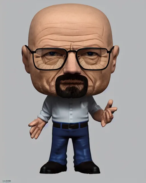 Image similar to full body 3d render of Walter White as a funko pop, studio lighting, white background, blender, trending on artstation, 8k, highly detailed