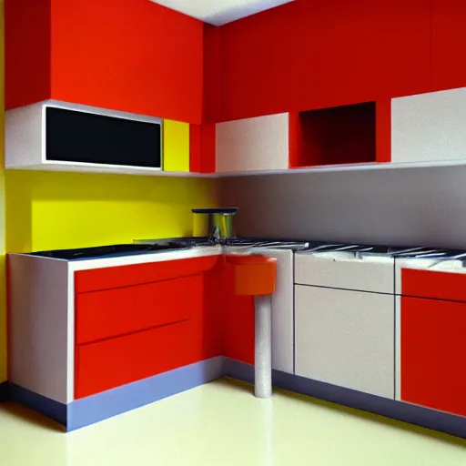 Image similar to 1970's futurist interior kitchen, furnished by aero aarino, primary colors are white, orange, yellow, and red unreal engine 8k resolution