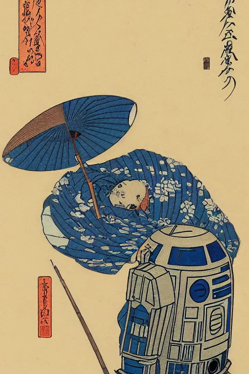 Image similar to Japanese woodblock print of r2d2, hokusai