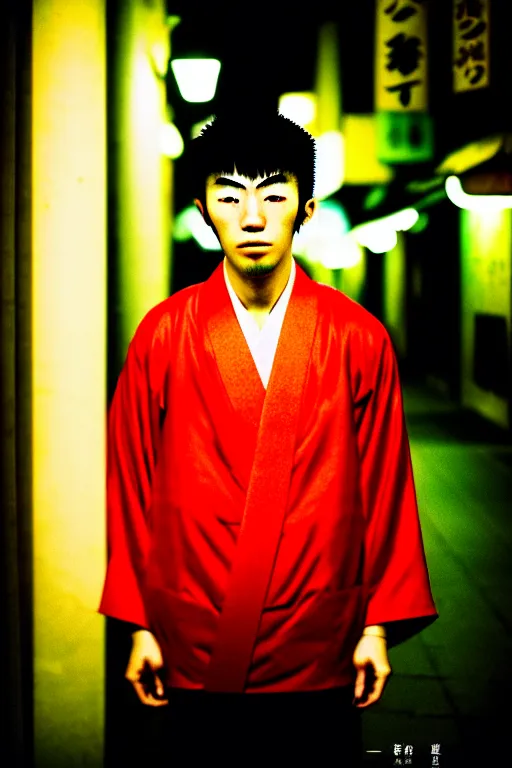 Prompt: photography masterpiece by haruto hoshi, flash photography portrait of young japanese man in kabuki cho, shot on a canon full frame camera with a 3 5 mm lens aperture f / 5. 6, kodak ultramax iso 4 0 0, dynamic composition, hyper realistic