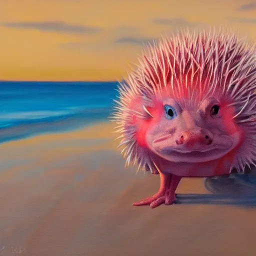 Prompt: an axolotl next to a hedgehog on a beach, oil painting, sunset lighting, 4 k