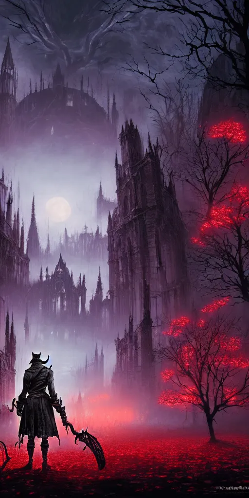 Image similar to abandoned bloodborne old valley with a obscure person at the centre and a ruined gothic city in the background, trees and stars in the background, falling red petals, epic red - orange moonlight, perfect lightning, wallpaper illustration by niko delort and kentaro miura, 4 k, ultra realistic