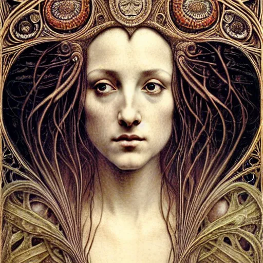 Image similar to detailed realistic beautiful young medieval queen face portrait by jean delville, gustave dore, iris van herpen and marco mazzoni, art forms of nature by ernst haeckel, art nouveau, symbolist, visionary, gothic, pre - raphaelite, horizontal symmetry, fractal lace, memento mori