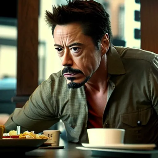 Image similar to tony stark eating a cheeseburger