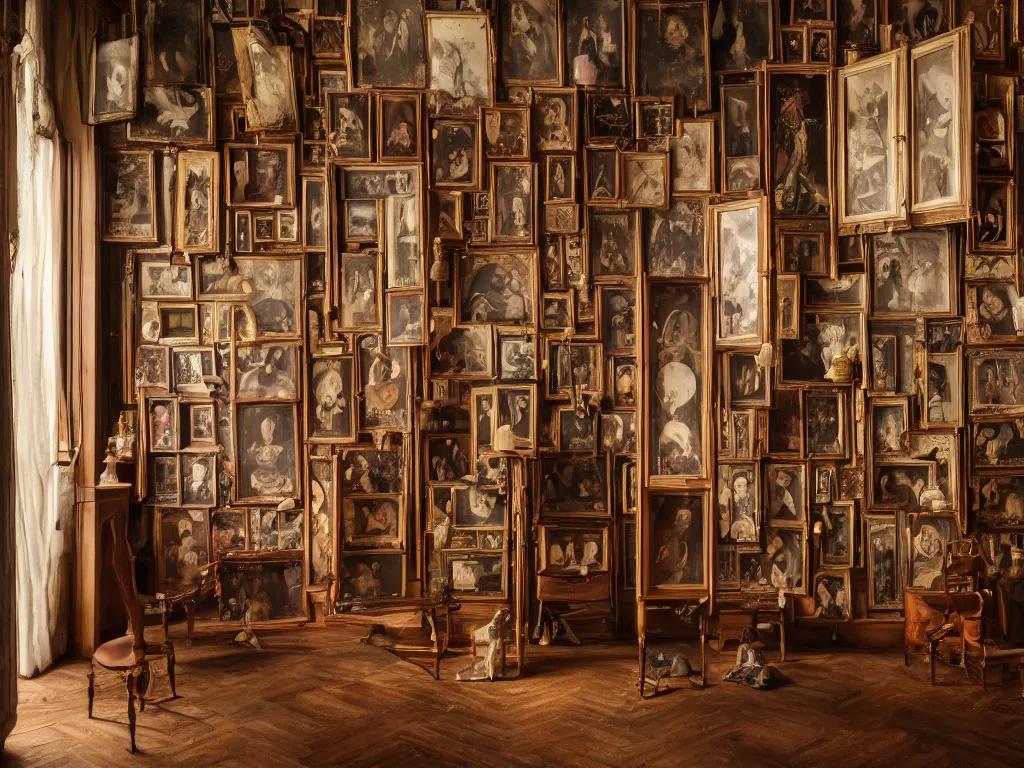 Image similar to the walls of an old victorian cabinet of curiosities full of georgian lover's eyes, eye miniature, shadowed room, small windows, volumetric light, dust, richard cosway, george engleheart, norbert ghisoland, gregory crewdson, erwin olaf, 4 k,