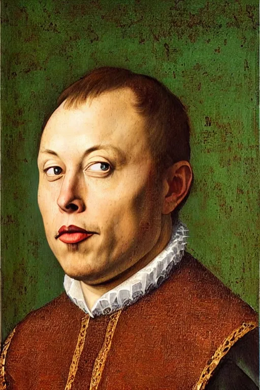 Image similar to renaissance 1 6 0 0 portrait of elon musk, oil painting by jan van eyck, northern renaissance art, oil on canvas, wet - on - wet technique, realistic, expressive emotions, intricate textures, illusionistic detail