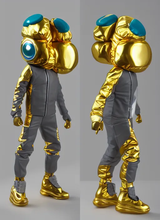 Prompt: accurate detailed pvc inflated gold & teal colored puffy action figure fashion god, full body, futuristic, concept art, character only, detailed art, adidas streetwear, figurine!!!, studio lighting, grey background, no shadow, trending on artstation, 4 k, sharp, highly - detailed, focus on face!!!