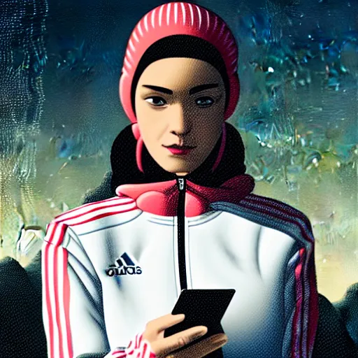 Prompt: portrait of attractive slav heroine wearing an addidas tracksuit with a phone in hand. illuminated phone screen, by greg rutkowski and wlop, detailed, cinematic, 8 k, intricate, rule of thirds.