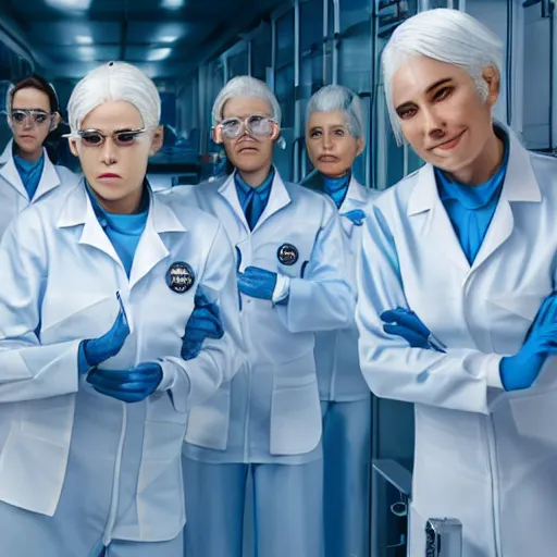 Prompt: line of derpy women with white hair, tight light blue neopren space uniforms, futuristic chemistry lab, sci - fi, highly detailed, cinematic