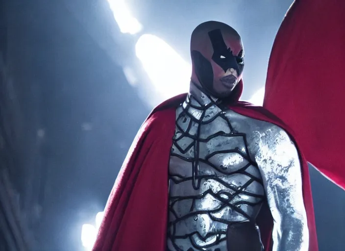 Image similar to film still of michael b jordan as spawn in the new spawn movie, giant chains, large cape, 8 k