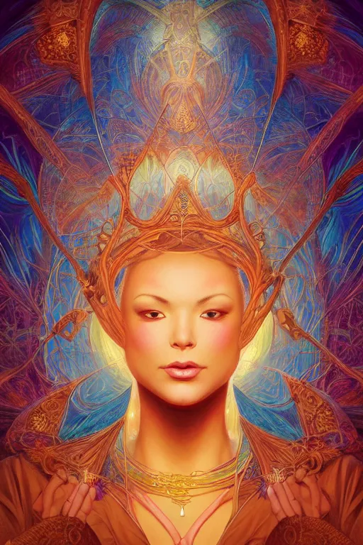 Image similar to portrait of a beautiful sorceress by artgerm, mandala, vivid color, complementary color, golden ratio, detailed, sharp lines, sharp focus, intricate, rainbowshift, by maxfield parrish, by peter mohrbacher, by gustave dore, by alphonse mucha, deviantart, octane render