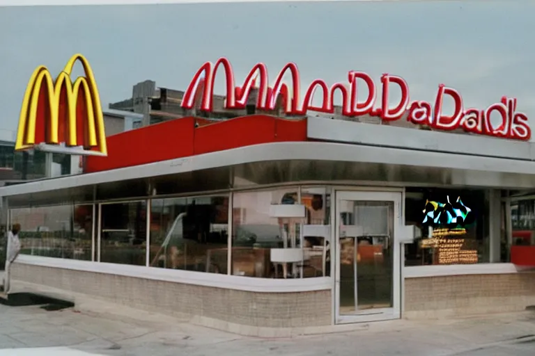 Prompt: A McDonalds designed by Dennis Oppenheim, 35m film