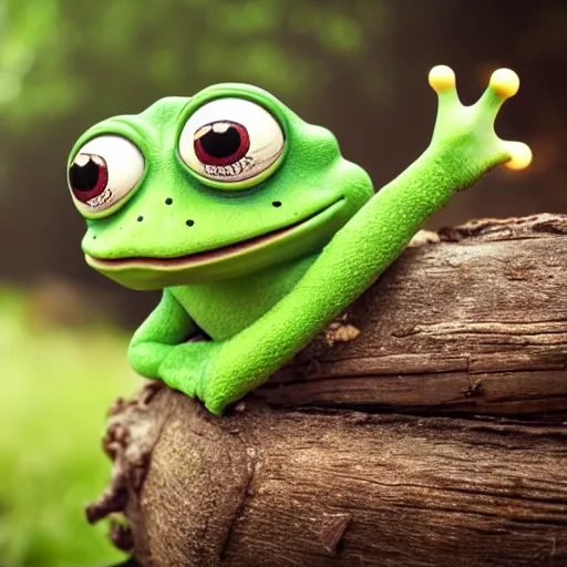 Image similar to baby pepe the frog, larg eyes, sitting on a log, pixar, disney, dynamic lighting, bokeh