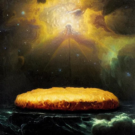 Prompt: godly grainy intricate galaxy pentagon javanese cat margarine hamburger waterfalls , by Francisco Goya and Greg Rutkowski and Judson Huss , An American propaganda , NFT , black velvet painting