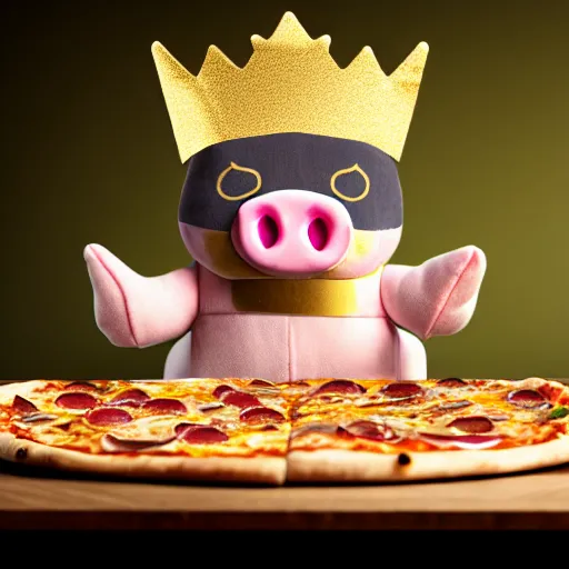 Image similar to realistic photo of a cute plush pig wearing a gold crown eating a pizza at a table with a bib on, high quality, cinematic concept art