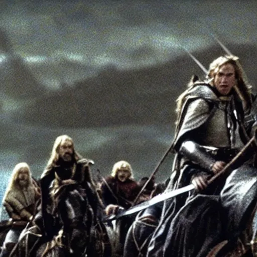 Image similar to still from lord of the rings showing the ride of the rohirrim, riding toward minas tirith