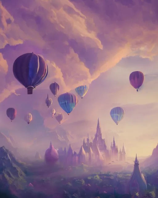 Image similar to flying cloud castle, buildings, baloons, atmosphere, glow, detailed, full of colour, cinematic lighting, trending on artstation, 4 k, hyperrealistic, extreme details, bright, blue sky, mountains, fantasy, masterpiece, art by wylie beckert