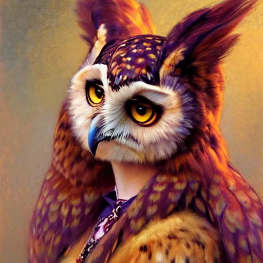 Image similar to a portrait of a beautiful female owl zootopia fursona furaffinity furry art detailed face painting by gaston bussiere craig mullins jc leyendecker gustav klimt artgerm greg rutkowski furry