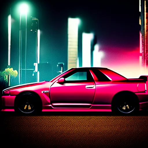 Image similar to a car Nissan Skyline GTR at illegal car meet, Saitama prefecture, city sunset mist lights, cinematic color, photorealistic, highly detailed, 200MM