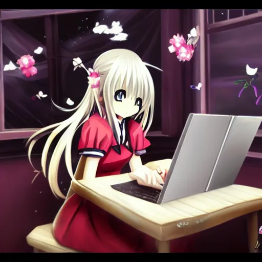 Image similar to marisa kirisame anime art, cafe, typing on laptop, touhou project