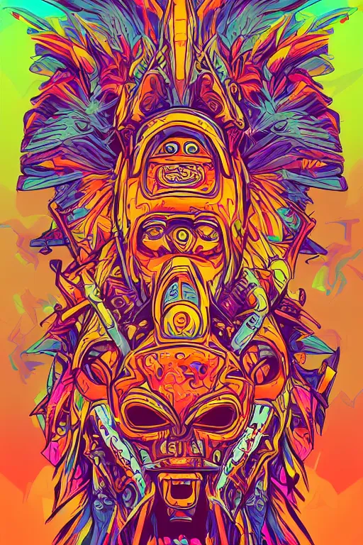 Image similar to totem animal mask tribal feather gemstone plant wood rock shaman vodoo video game vector illustration vivid color borderlands by josan gonzales and dan mumford radiating a glowing aura