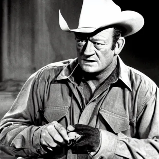 Prompt: a still of John Wayne as Homelander