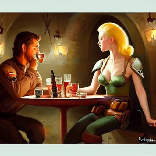 Image similar to Boba Fett and a beautiful young blonde drinking beer in a wine cellar, food, meat, schnapps, torches on the wall, romantic, inviting, cozy, painting by Vladimir Volegov