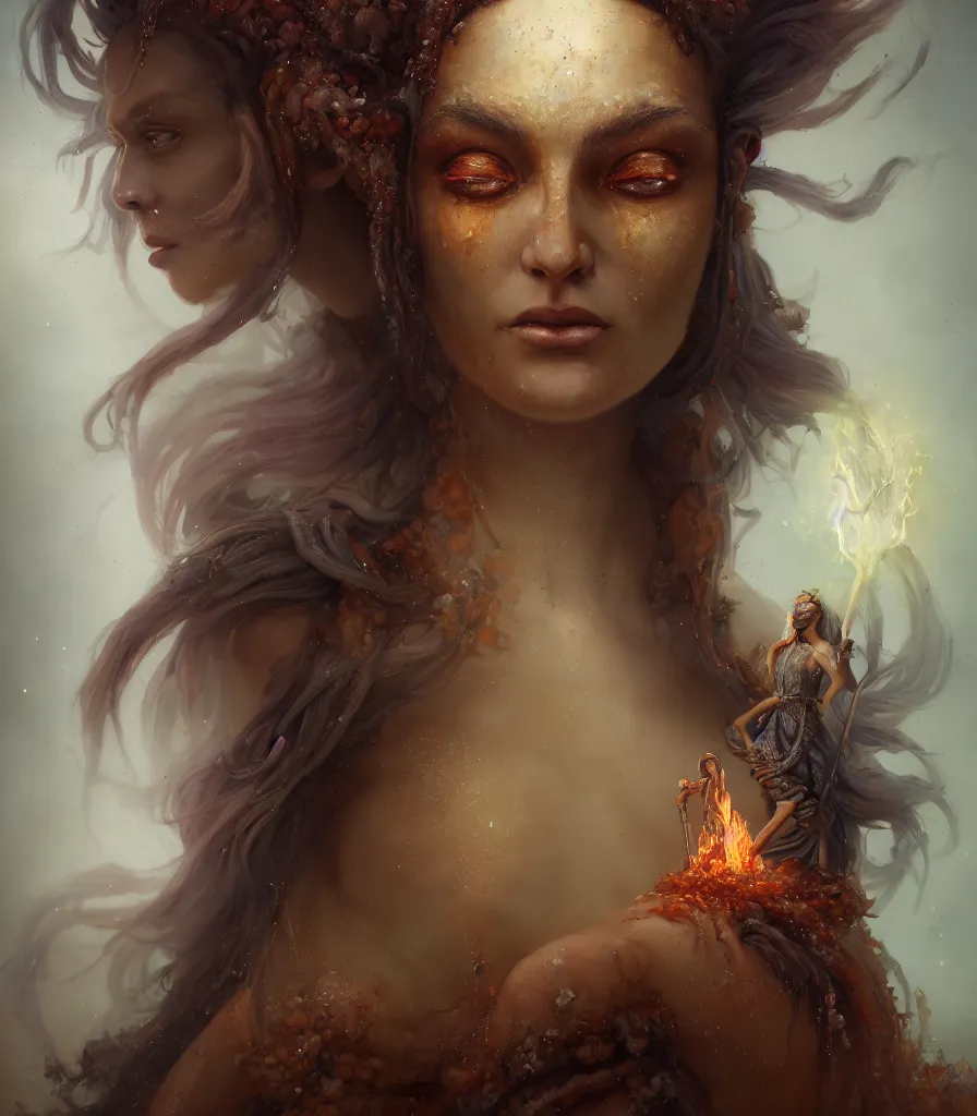 Prompt: oil portrait | single character | full medium shot | front close - up | dressed in long rags with minerals, fire in your hair, ethereal, biblically accurate goddess, tiny mineral embellishments on the face, particles, octane render, devianart, fine art, intrincate. by peter mohrbacher, marc simonetti, anna podedwor