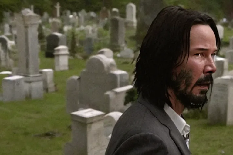 Prompt: film still of keanu reeves crying in a cemetery in a new sad movie keanu grieves